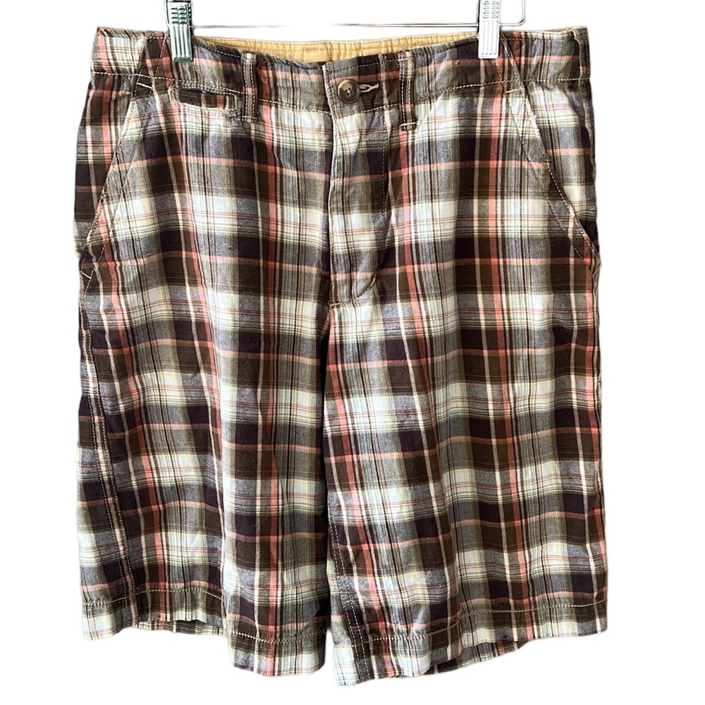 Vintage Y2K NOBO 100% Cotton Mens Plaid 12” Shorts. Size 34 Brown Cream
